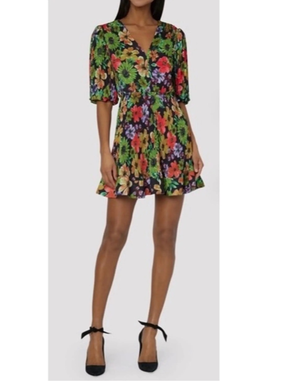 Milly Black Mini Dress with Green, Red, Purple & Yellow Floral Print